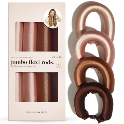 Image de Kitsch Lot de 4 bigoudis en satin sans chaleur Pour tous les types cheveux et textures Bois rose