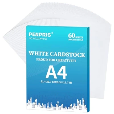 Afbeelding van 300 g/m² wit karton 60 vellen DIN A4 karton, dik papier voor het maken van kaarten, uitnodigingen, ansichtkaarten, visitekaartjes PAC01WH060