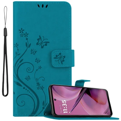 Afbeelding van Cadorabo Hoesje geschikt voor Motorola Moto G55 in BLOEMEN BLAUW Beschermhoes bloemmotief met magnetische sluiting, standfunctie en kaartsleuven Book Case Cover Etui