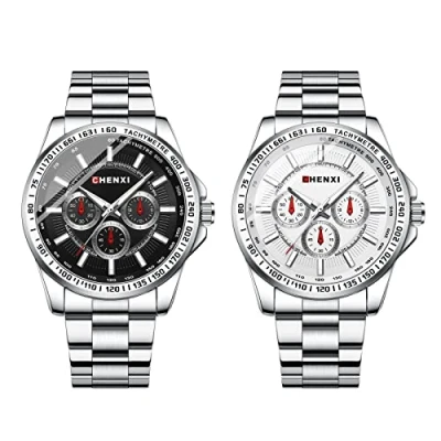 Afbeelding van JewelryWe 2 stuks heren quartz horloge gepolijst roestvrij staal met analoge sub wijzerplaten, armband, stuks, Armband