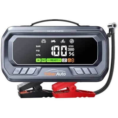 Afbeelding van YaberAuto Startaccu met compressor, 160 psi, 6000 A powerbank, 65 W PD input/output, voor auto 3,3 inch lcd display, noodverlichting, 600 lumen, startfunctie