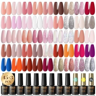 Afbeelding van ROSALIND Semi permanente nagellak, 48 stuks, 45 kleuren, nude, roze, bruin, rood, lichtdoorlatend, glitter, uv led gelnagellak, professionele set, doe het zelf, cadeau, nagelkunst