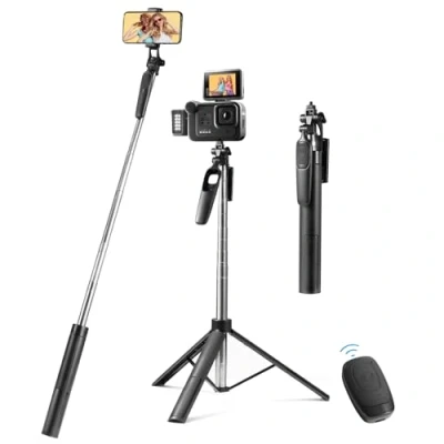 Afbeelding van Vinabo statief voor smartphone, 160 cm, iPhone, uittrekbaar, selfiestick, mobiele telefoon, 360 graden draaibaar, met afstandsbediening reizen, vlogs, compatibel