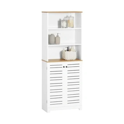 Afbeelding van SoBuy BZR44 W Hoge badkamerkast, opbergkast, 3 vakken en 2 lamellendeuren, boekenkast, keukenkast, badkamermeubel, wit/naturel, ca. 60 x 160