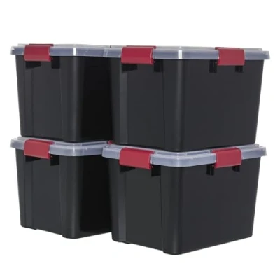 Afbeelding van Iris Ohyama, Luchtdichte opbergdoos, 20 l, 4 stuks, zwart, deksel met waterdichte afdichting, sluitclips, stapelbaar, voor buiten, garage, kleding, stofdicht, BPA vrij, DDAT SD