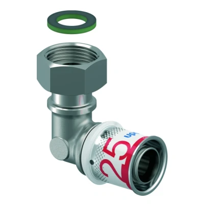 Afbeelding van Uponor S Press Plus perskoppeling wartel 3/4&quot; binnendraad x Ø25 knie. Artikelnr: 1070614