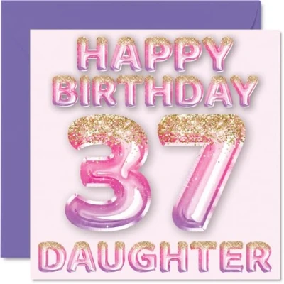 Afbeelding van Verjaardagskaart voor meisjes 37 jaar, roze en paarse glitterballonnen, verjaardagskaarten jarige dochter van mama papa, 145 mm x