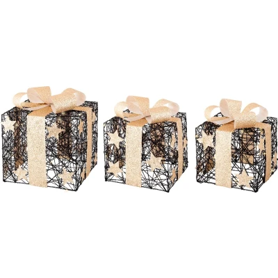 Afbeelding van Cadeauset Zwart met Sterren, Gouden Lint en Strikken verlichting set van 3