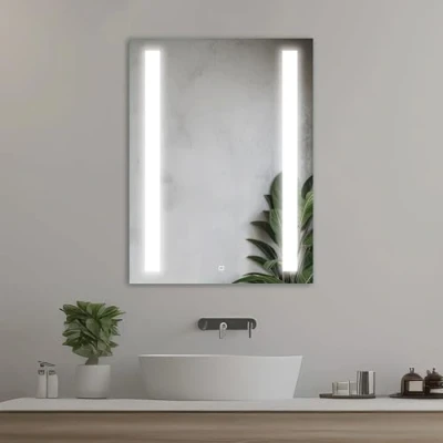 Afbeelding van Venti rechthoekige badkamerspiegel 50 x 70 cm met ledverlichting en aanraakschakelaar, dubbele ledstrip, natuurlijke witte aan de voorkant.
