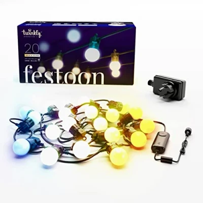 Afbeelding van Twinkly Festoon 20 witte leds, lichtketting met ledlampen, buiten en binnenverlichting, warm tot koud wit, compatibel Alexa, Google Home, IP44, app gestuurd,