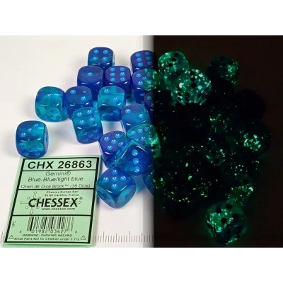 Afbeelding van Chessex Gemini blue Blue/light Luminary D6 12mm Dobbelsteen Set (36 stuks)