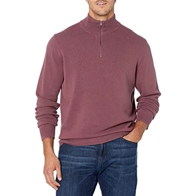 Image de Amazon Essentials Pull pour homme 100% coton avec fermeture éclair 1/4 Prune Taille L