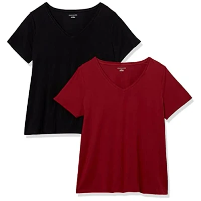 Image de Amazon Essentials Lot de 2 t shirts à manches courtes et col en V pour femme, coupe classique, noir/bordeaux, taille 1X