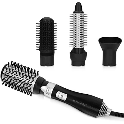 Afbeelding van Navaris hot air styling haarborstel Ronde warmeluchtborstel Met intrekbare borstelharen 4 opzetstukken Zwart/zilver