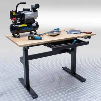 Afbeelding van Datona® verstelbare werkbank elektrisch in hoogte werktafel met eiken werkblad &amp; lade Zwart
