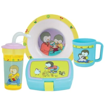 Afbeelding van T&#039;CHOUPI Kinderserviesset met 1 diep bord Ø 16 cm, mok 350 ml, rietjesbeker 400 ml en lunchbox herbruikbaar servies