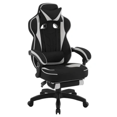 Afbeelding van WOLTU GS02gr Gamingstoel van ademende stof, ergonomisch, met verstelbare lendensteun, hoofdsteun, voetensteun, pc stoel, in hoogte verstelbaar, draaibaar, leer, wit