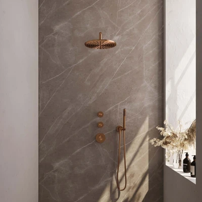 Afbeelding van Brauer Copper Edition Regendouchesets inbouw hoofddouche 30cm Wandarm met inbouwdeel Gladde knoppen handdouche Staaf 1 stand PVD