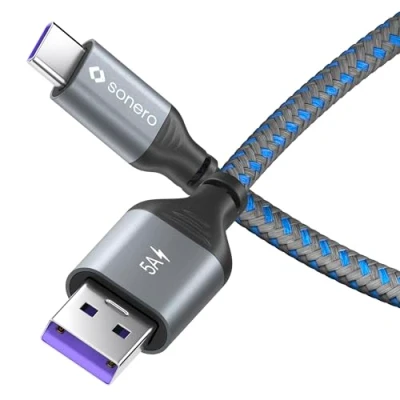 Afbeelding van Sonero® USB C naar A oplaadkabel, snellaadkabel, type kabel, 2.0, 5V/5A, grijs/blauw, 0,50m