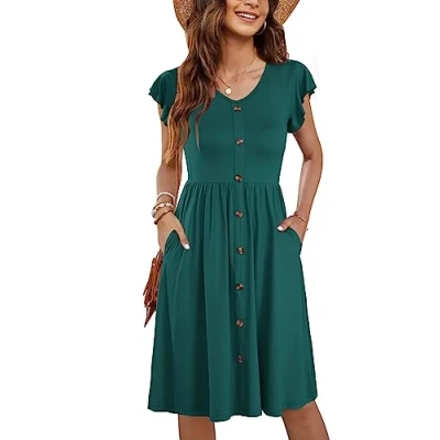 Afbeelding van Molerani Zomerjurk voor dames, casual, ruches, V hals, elastische taille, midi jurk met zakken, maten S 2XL, Donkergroen