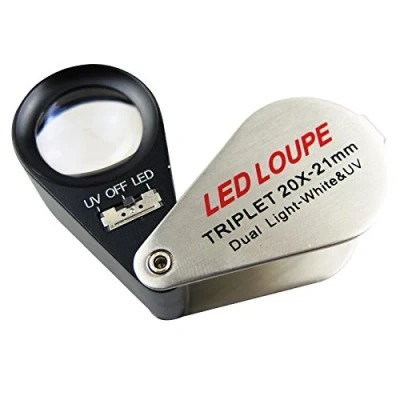 Afbeelding van Verlicht metalen juweliersvergrootglas 20x met opvouwbare gesp uv licht en helder ledlicht voor sieraden, diamantstenen, munten