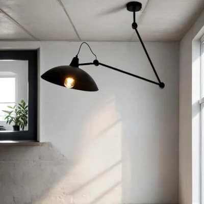 Afbeelding van Plafondlamp voor woonkamer, zwart, metaal, in hoogte verstelbaar, flexibel, scharnier, leeslamp