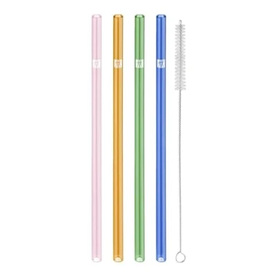 Afbeelding van ZWILLING Sorrento Set van 4 drinkrietjes borosilicaatglas, duurzaam en herbruikbaar, voor koude warme dranken, 23 cm, gebogen vorm, meerkleurig, reinigingsborstel