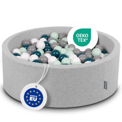 Afbeelding van KiddyMoon 90 x 30 cm/300 ballen met een diameter van 7 cm, rond ballenbad voor baby&#039;s, gemaakt in de EU, lichtgrijs::donkerturquoise/grijs/wit/mint