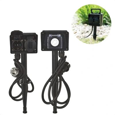 Afbeelding van Cheqo® Randaarde Tuinstekkerdoos Tuin Stekkerdoos met Grondspies Tuincontactdoos 2 Voudig Timer 24 uurs Dubbel Stopcontact Weerbestendig Kinderbeveiliging IP44 3680 Watt 250V Stopcontacten