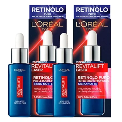 Afbeelding van 2 x L&#039;Oréal Paris Revitalift Laser gezichtsserum nacht met pure retinol vermindert diepe rimpels, anti aging effect, flessen van elk 30 ml
