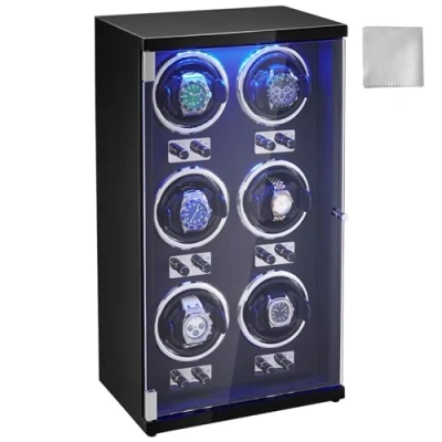 Image de VEVOR Remontoir Montre Automatique Capacité 6 Montres Écrin pour Automatiques avec Moteurs Japonais Mabuchi Silencieux 5 Modes de Remontage en Panneau Haute Densité et Acrylique LED Bleu