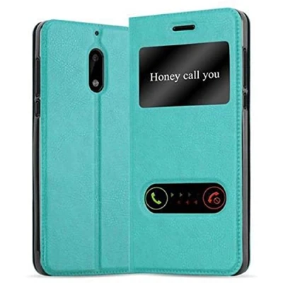 Afbeelding van Cadorabo Hoesje geschikt voor Nokia 6 2017 in MUNT TURKOOIS Beschermhoes met magnetische sluiting, standfunctie en 2 kijkvensters Book Case Cover Etui