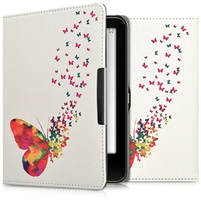 Afbeelding van kwmobile E reader hoesje geschikt voor Tolino Vision 1 / 2 3 4 HD hoes flip case met magnetische sluiting Ereader cover Zwerm Vlinders design in meerkleurig roze wit