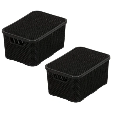 Afbeelding van Home essential mand met deksel in rotan design, set van 2, maat L 19 l, BPA vrije kunststof PP, zwart, 38 x 27,8 18,5 cm, 2 stuks