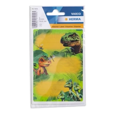 Afbeelding van HERMA Dino World 9 stuks gelinieerde etiketten voor schoolboek, kinderen, meisjes, jongens, meerkleurig, 76 x 35 mm