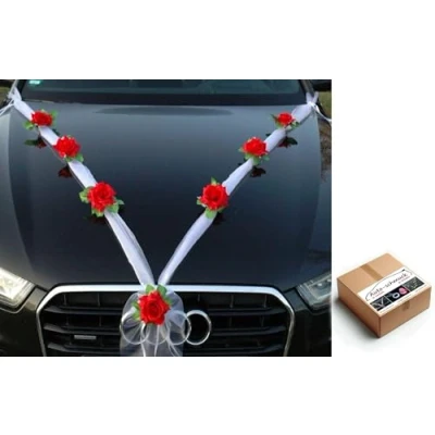 Afbeelding van Autoschmuck organza M autodecoratie bruiloft lint en rozen rood/wit