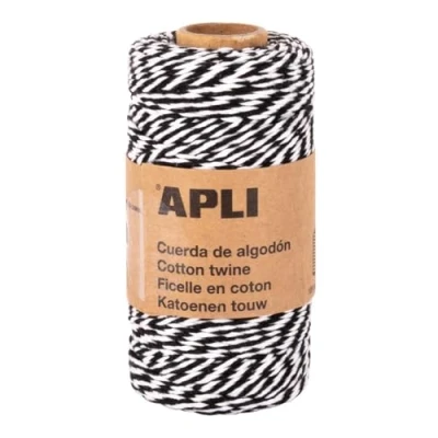 Afbeelding van APLI 19843 Tweekleurig katoenen touw voor geschenkverpakkingen, zwart en wit garen, ideaal knutselen of kerstdecoratie elk feest, spoel 100 x 2 mm