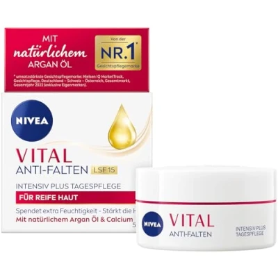 Afbeelding van NIVEA VITAL Intensiv Plus Anti rimpel dagverzorging SPF 15, gezichtsverzorging voor rijpe huid met natuurlijke arganolie en calcium, dagcrème intensieve hydratatie (50 ml)