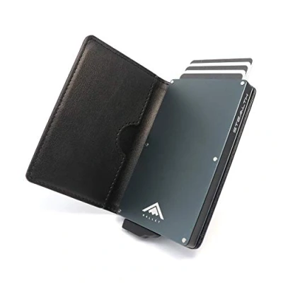 Afbeelding van Stealth Minimalistische portefeuille met pop up kaarthouder, in geschenkdoos, licht en dun aluminium creditcard etui RFID/NFC blokkering