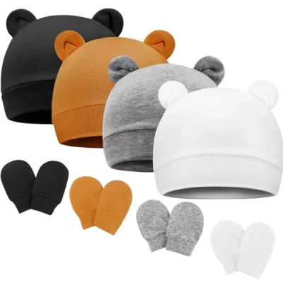Afbeelding van DRESHOW Babymutsen en wanten, beschermende pasgeborenen, peuters, zacht, schattig, gebreid, muts, 0 6 maanden, één maat, 4 Sets: Bear Ears Hoeden &amp; Mittens 11UK