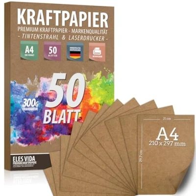 Afbeelding van 50 vellen kraftpapier A4 300 g 21 x 29,7 cm bedrukbaar DIN formaat natuurlijk karton en knutselpapier kraftvellen voor bruiloftsknutselen, vintage geschenken