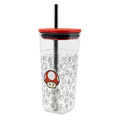 Afbeelding van Acrylglas Cube met rietje van roestvrij staal, 540 ml, Super Mario