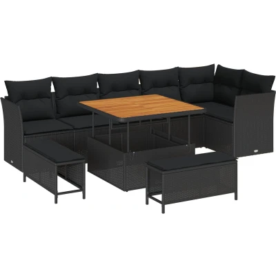 Afbeelding van vidaXL 9 delige Tuin Sofa Set met Kussens Zwart Poly Rattan Acacia