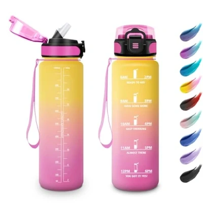 Afbeelding van 1 liter waterfles met tijdweergave, rietje, voor sportschool, gemakkelijk te openen, motiverende fles kamperen, hardlopen, reizen, school