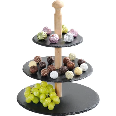 Afbeelding van Etagere 3 Laags Leisteen &amp; Bamboe hout Hoge kwaliteit Houten hapjesschaal lagen serveerschaal tafel etagère