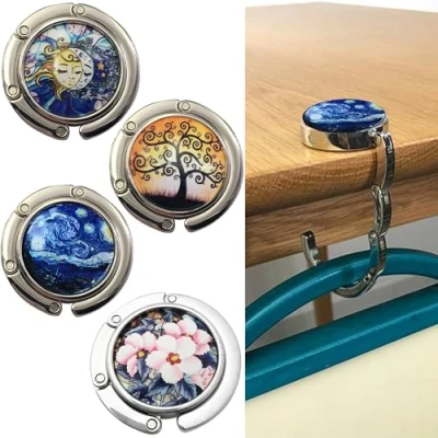 Afbeelding van SUQ 4 stuks opvouwbare handtashaken voor tafel, draagbaar, kristal, handtashaken, meisjes, haken, sokhaken, Kerstmis, open haard, restaurant, kantoor