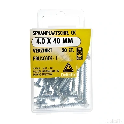 Afbeelding van Hout schroef . 4.0 x 40mm. Lang. Cilinderkop. Verzinkt. 20 stuks spaanplaat schroeven. Kruiskop pzd 2. DeltafiX.