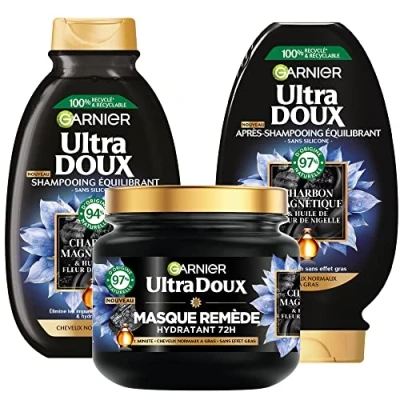 Afbeelding van Garnier Ultra zacht, routineset met magnetische houtskool en nigellebloesemolie, voor normaal tot vettig haar
