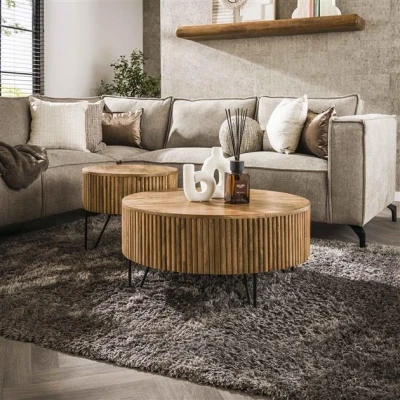 Afbeelding van Hoyz Collection Salontafel Wave Rond Massief Mango Zandkleur Set van 2