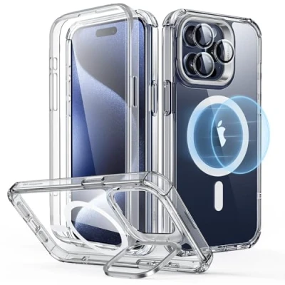 Afbeelding van ESR Armor Tough HaloLock Hoesje Geschikt voor Apple iPhone 15 Pro Max Compatibel met MagSafe Stash Stand Kickstand Full Protect Extra Camera Bescherming Transparant